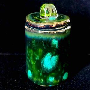 Handmade Small Ceramic Stash Jar Marsh Green with Turquoise Blooms